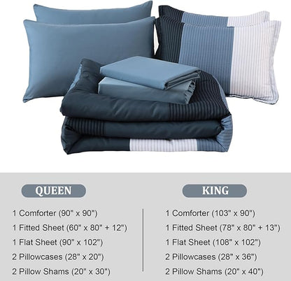 Navy Blue Striped Comforter Set King Size 7 Pieces Navy Patchwork Bed in a Bag with Sheets Set for King Bed, Soft Microfiber Reversible Bedding Set, Pillowcase Pillow Shams, Flat/Fitted Sheet