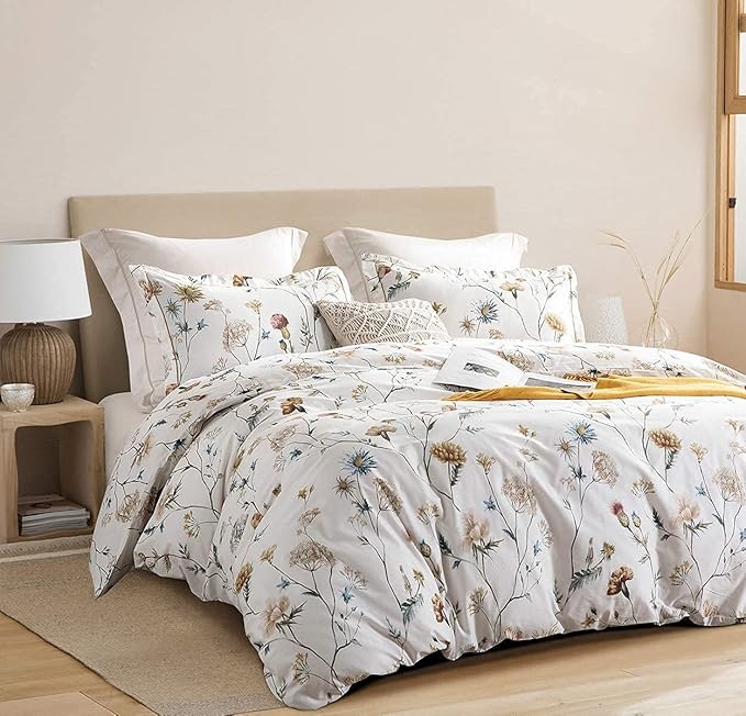 SLEEPBELLA Comforter King Size, 600 Thread Count Cotton White Printed with Blue & Blush Flowers Cotton Comforter Set,Down Alternative Bedding Set 3Pcs(King, White Floral)
