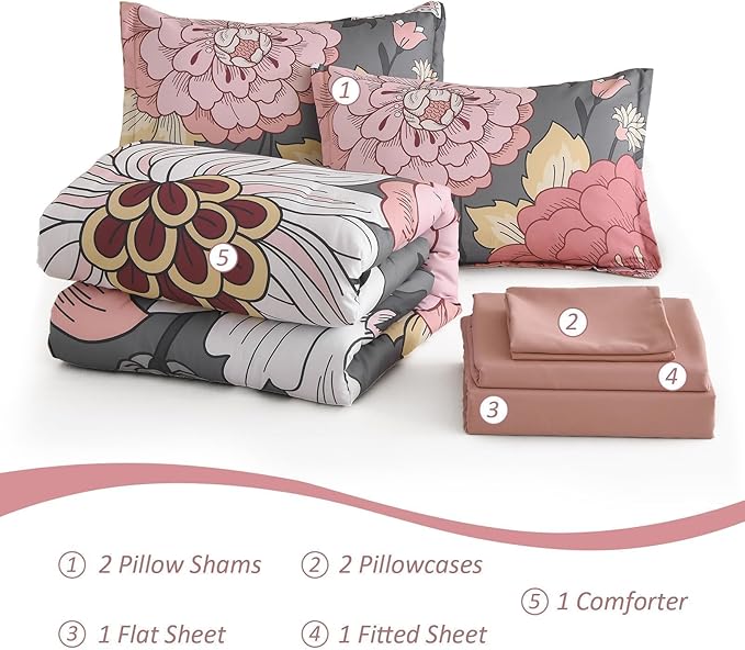 DJY Floral Comforter Set King Size - Grey Pink Bed in a Bag 7 Pieces Blush Botanical Boho Comforter with Sheet Set, Soft Microfiber Complete Bedding Set All Season (Pink/Grey, 104''x90'')