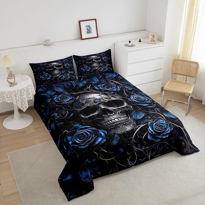 Erosebridal Adults Gothic Comforter Set Bohemian Boho Goth Bedding Set Twin Vintage Horror Skull Bed Sets Blue Rose Baroque Victorian Romantic Rose Duvet Insert,Halloween Gothic Bedroom Decor