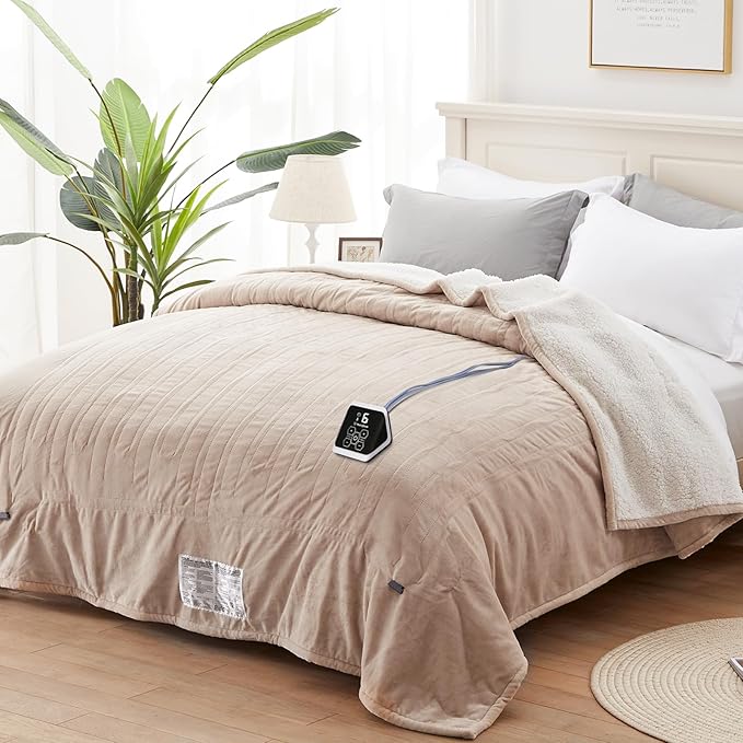Westinghouse Heated Blanket Twin Size, Soft Flannel to Sherpa Electric Blanket with 10 Heating Levels, 1-12 Hours Auto Shut Off, Fast Heating, Machine Washable, 62x84 Inch, Beige