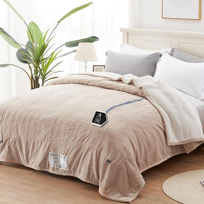 Westinghouse Heated Blanket Twin Size, Soft Flannel to Sherpa Electric Blanket with 10 Heating Levels, 1-12 Hours Auto Shut Off, Fast Heating, Machine Washable, 62x84 Inch, Beige