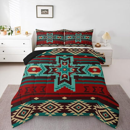 Western Comforter Set Full Size,Southwest Tribal Bedding Set Retro Aztec Pattern Quilted Duvet 3pcs for Kids Girls Boys Women Room Decor,Brown Red and Cyan Stripes Duvet Insert,2 Pillowcases