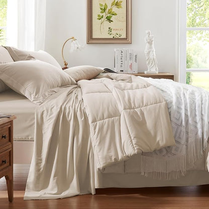 Anluoer Full Size Bed in a Bag 7 Pieces, Beige Bed Comforter Set with Sheets, All Season Bedding Sets with 1 Comforter,2 Pillow Shams,2 Pillowcases, 1 Flat Sheet,1 Fitted Sheet