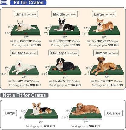 Outdoor Large Washable Dog Bed, Orthopedic Egg Crate Foam Dog Crate Mat for Large Dogs with Removable Oxford Cooling Cover, Dark Green