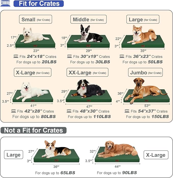 Outdoor Dog Bed for Small Dogs, Waterproof Dog Crate Bed for Medium Dogs Cats, Orthopedic Egg Crate Foam Pet Bed with Washable Removable Oxford Cover, Dark Green