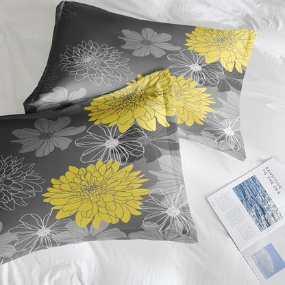 Comforter Set Full Size, Vintage Summer Flower 7 Pcs Bedding for Kids and Adults, Yellow Botanical Floral Bed Sheet Sets with Fitted Sheet 2 Pillowcases & 2 Shams