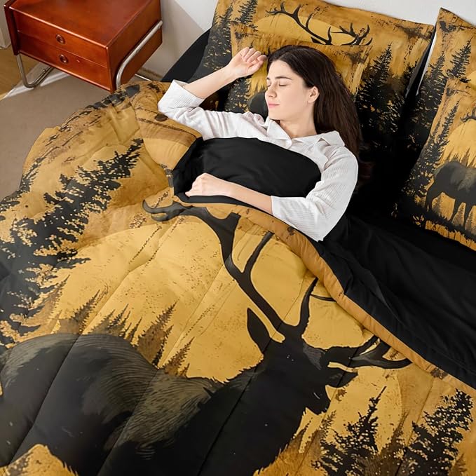 Erosebridal Queen Size Rustic Cabin Lodge Comforter Set with Sheets 7 Pcs | Hunting Deer Bedding Set for Kids Boys Teens Adults Rural Country Cute Deer Bed Sets Woodland Farmhouse Animal Quilt Sets