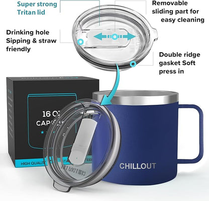 CHILLOUT LIFE Stainless Steel 16 oz Vacuum Insulated Coffee Mug with Handle and Lid, Large Thermal Camping Coffee Mug Cup with Durable Sliding Top for Men & Women - Keeps Beverages Hot/Cold