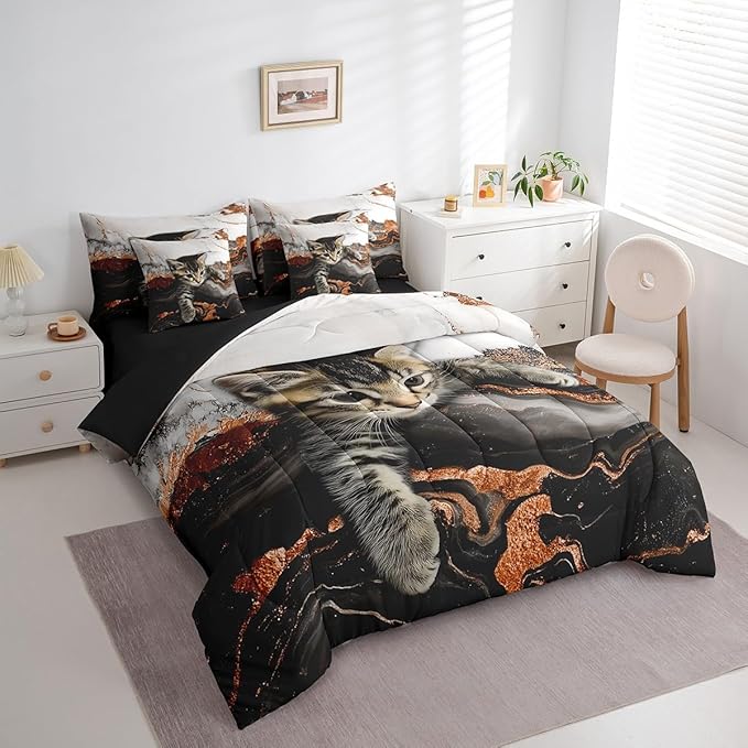 Erosebridal Orange Marble Bedding Set Twin Watercolor Marble Ink Fluid Bed in A Bag Luxury Modern Marbling Cat Comforter Sets with Sheets Retro Artwork Style Aesthetic Bed Set(Orange, Twin)