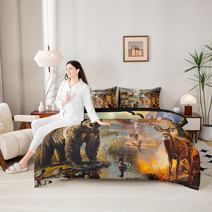 Erosebridal Twin Size Deer Bear Comforter Set with Sheets 7 Pieces | Rustic Cabin Lodge Bedding Set for Kids Boys Girls Mallard Duck Woodland Animal Bed in A Bag Country Rural Farmhouse Bed Sets