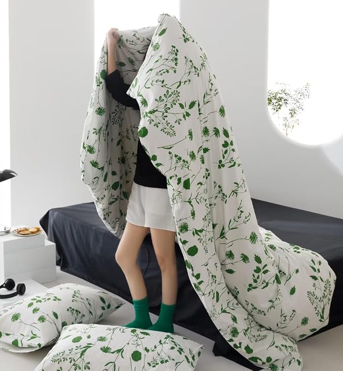 KAREVER Botanical Comforter Set Cal King White Sage Floral Plant Bedding Comforter Girls Blanket Rustic Leaf Blossom Women White Farmhouse Comforter California King