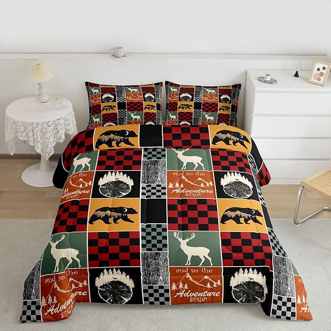 Farmhouse Cabin Bedding Set King, Bear Deer Forest Comforter Set Wooden Board Country Duvet Insert For Kids Girls Bedroom, Retro Lodge Wild Animal Quilt Rustic Decorations For Home, Red Grey Black
