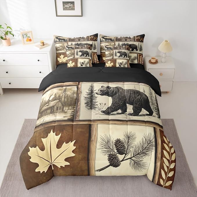 Erosebridal Hunting Bear Deer Bedding Set (Queen Size,7 Pieces) | Rustic Cabin Lodge Comforter Set with Sheets Country Patchwork Plaid Bed in A Bag Rural Maple Bear Paw Print Quilt Duvet Insert