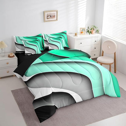 Green Teal Grey Ombre Bedding Comforter Sets 7pcs for Boys Geometric Stripe Bed in a Bag, Aesthetic Wave Queen Bedding Sets Modern Abstract Comforter Set, Gradient Bedding Sets & Collections