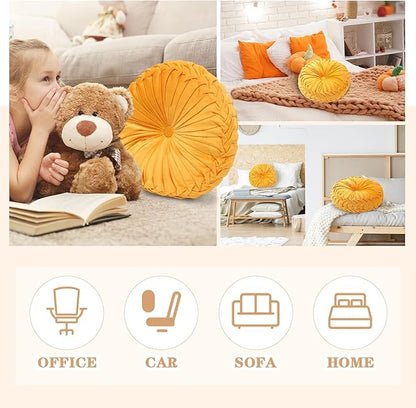 1 Pcs Round Throw Pillows Decorative Velvet Pleated Throw Pillows 15'' Diameter Accent Pumpkin Boho Chair Cushion for Couch Sofa Chair Bed Home Decoration (Yellow)