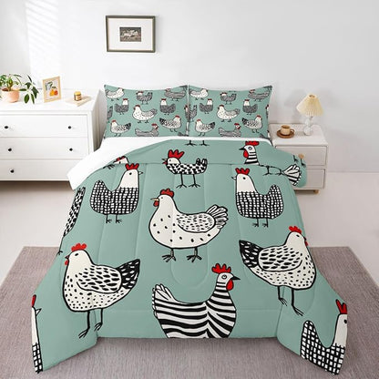 Erosebridal Chicken Comforter Set, Cartoon Chick Bedding Set King Size, Cute Farmhouse Animal Down Comforter for Children Young, Teal Black Bedding Sets & Collections Warm Soft Bedroom Decor