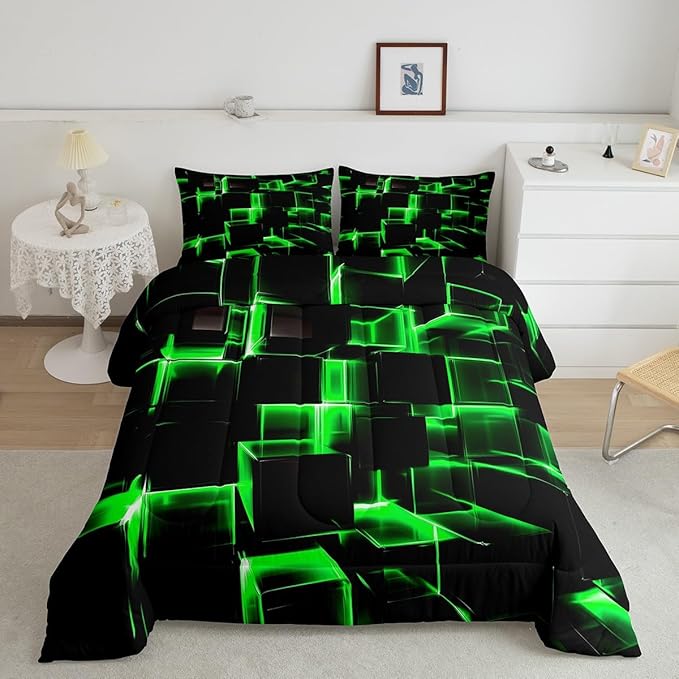 Erosebridal Honeycomb Bedding Set Queen Size, 3D Modern Abstract Square Grid Comforter for Kids Girls Boys Green Neon Light Geometric Print Bed Set Bedroom Decor, 3 Pieces