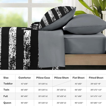 Nesker 5 Pcs Comforter Set Twin Size, Black White USA American Flag Bedding Set for Kids and Adults, Vintage Stars Stripes Flags Boys Bed Sheet Sets with Fitted Sheet Pillowcases & Shams