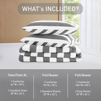Reversible Striped Twin Comforter Set, Soft Microfiber Bedding Set with Double-Sided Stripes Design, Warm & Cozy for All-Seasons, 2-Piece Comforter and Sham Set Twin Size, Charcoal