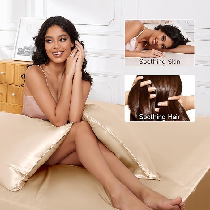 THXSILK Luxury Mulberry Silk Bed Sheets Set - 4pcs Silk Sheets Set 16" Deep Pocket - 1 Fitted Sheet, 1 Flat Sheet, 2 Pillowcases with Zipper Closure - King, Champagne