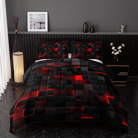 Neon Red Black Comforter Set King Geometric Kids Bedding Set,3 PCS Geometry Honeycomb Bed Set Modern Quilt Set 1 Comforter 2 Pillow Cases Cool Room Decor All Season B-Side Black