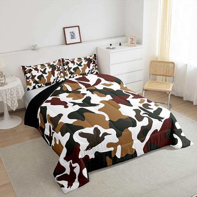 Erosebridal Hunter Comforter Set Toddler Size Camo Duck Bedding for Kids Camouflage Farmhouse Camping Comforter Vintage Army Green Yellow Room Decor Wild Animal Rustic Duvet Set