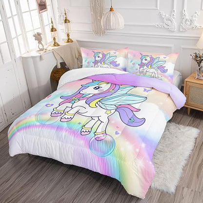 Unicorn Comforter Set for Girls Butterfly Bedding Set Rainbow Quilt Set Queen with 1 Comforter and 2 Pillowcases