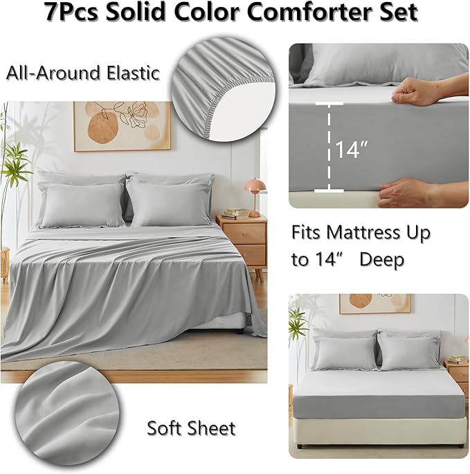 CozyLux King Size Comforter Set Light Grey, 7 Pieces Bed in a Bag King Comforter Set with Sheets, Bedding Set with Down Alternative Comforter, Fitted Sheet, Flat Sheet, Pillow Shams and Pillowcases