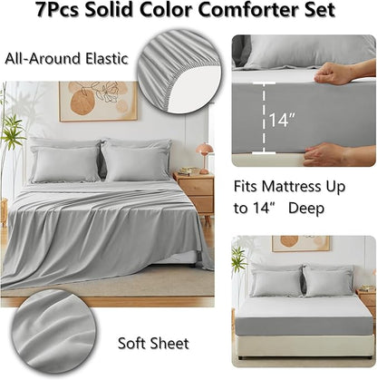 CozyLux King Size Comforter Set Light Grey, 7 Pieces Bed in a Bag King Comforter Set with Sheets, Bedding Set with Down Alternative Comforter, Fitted Sheet, Flat Sheet, Pillow Shams and Pillowcases
