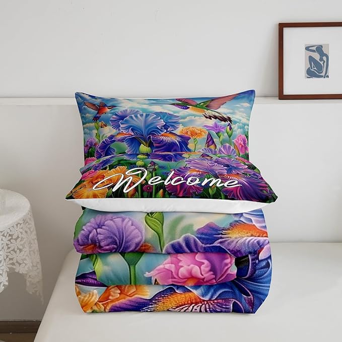 Erosebridal Tropical Hummingbird Bedding Sets Full Purple Iris Flower Comforter Set for Kids Girls Women Cute Bird Butterfly Bed Comforter Set Farmhouse Garden Blossom Floral Quilt Duvet