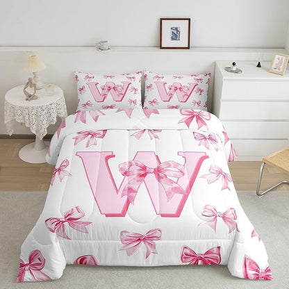 Erosebridal Pink Bowknot Toddler Bedding Set for Girls,Initial Letter W Comforter Set for Kids Teen Women,Pink Watercolor Monogrammed Bedding Comforter Sets Dreamy Princess Bow Quilt Duvet Room Decor