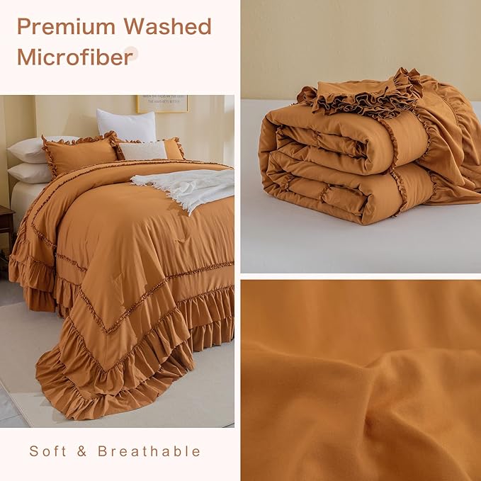 Masaca 120x120 Oversized King Comforter,Farmhouse Shabby Boho Chic Pumpkin Ruffle California King Comforter Set French Country Rustic Bedding 3PCS (1 Ruffled Comforter+2 Pillow Shams)