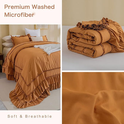Masaca 120x120 Oversized King Comforter,Farmhouse Shabby Boho Chic Pumpkin Ruffle California King Comforter Set French Country Rustic Bedding 3PCS (1 Ruffled Comforter+2 Pillow Shams)