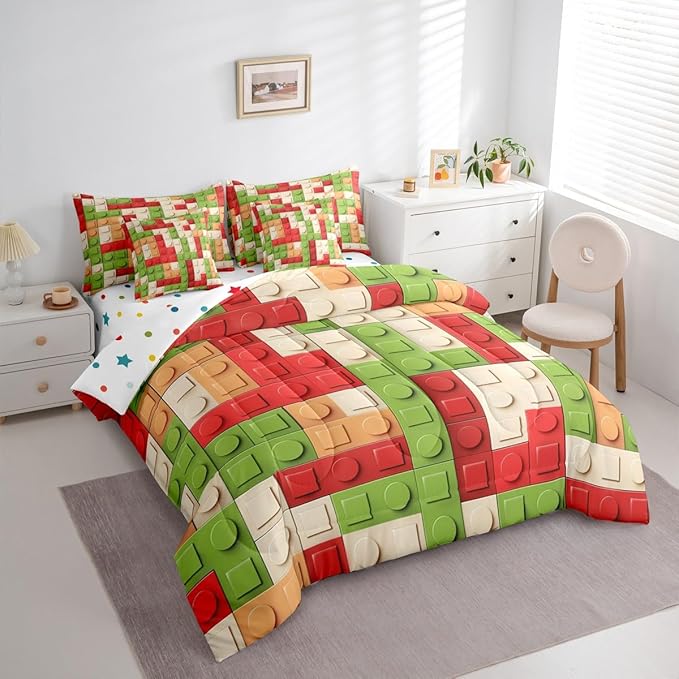 Feelyou Building Block Print 7 Piece Bedding Set King Size Kids Brick Styles Comforter Set with Sheets for Boys Teens Colorful Gaming Bed in a Bag Green Red Yellow Room Decor