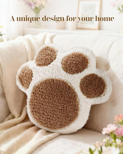 Paw Shaped Throw Pillow - Cute Decorative Plush Brown Animal Pillow for Couch, Sofa, or Living Room, 14.2" x 12.6" Soft Stuffed Dog Paw Cushion for Home Decor