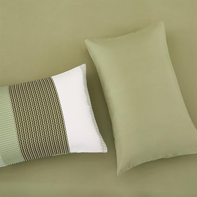 RYNGHIPY Olive Green Striped Bed Sets: 8 Pieces Soft Lightweight Bed in A Bag Full Size Microfiber Down Alternative Comforter Sets with Corner Loops (Full,Olive Green)