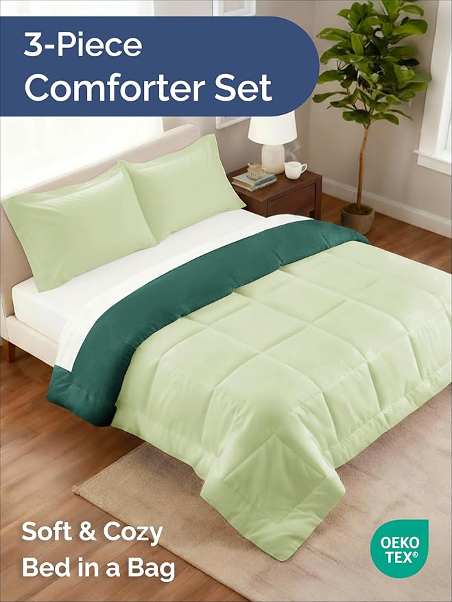 Queen Comforter Set - 3 Piece Bed Set for All Seasons - 1 Soft Quilted Comforter w/ Corner Tabs & 2 Pillow Shams - Comfy, Cozy & Breathable - Premium Down Duvet Insert - Queen Size, Emerald/Light Sage