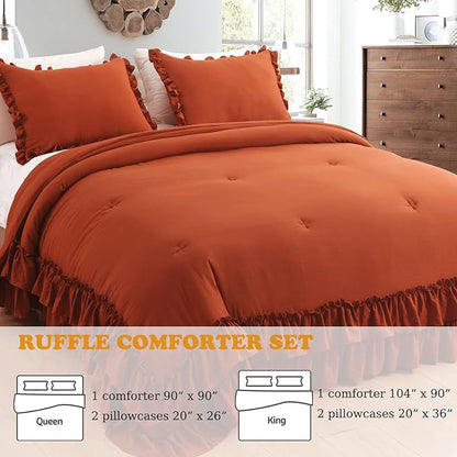 Masaca Ruffle Comforters Queen Size Set,Burnt Orange Shabby Boho Chic Comforter Farmhouse Terracotta Bedding Sets 3PCS（1 Ruffled Comforter and 2 Pillowcases）