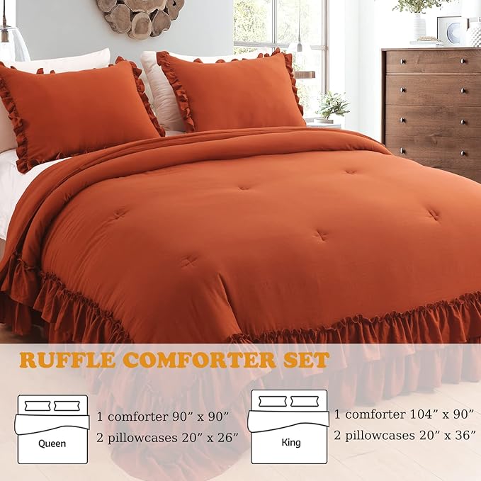 Masaca Terracotta Ruffled Comforter King Size,Shabby Burnt Orange Chic Farmhouse Bedding Lightweight Fluffy Ruffle Bed Comforter Aesthetic Rustic Bed Set 3 Pieces
