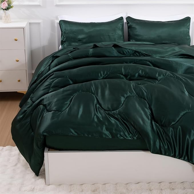 A Nice Night Satin Silky Soft Quilt Sexy Luxury Super Soft Microfiber Bedding Comforter Set Full/Queen, Light Weighted (Blackish Green, King)