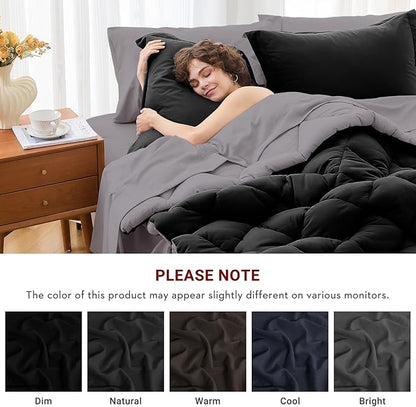MUXHOMO 5 Pieces Twin Comforter Set, Reversible Bed in a Bag Twin Size, All Season Bedding Set with Comforter, Flat Sheet, Fitted Sheet, Pillowcases & Shams, Black & Soot