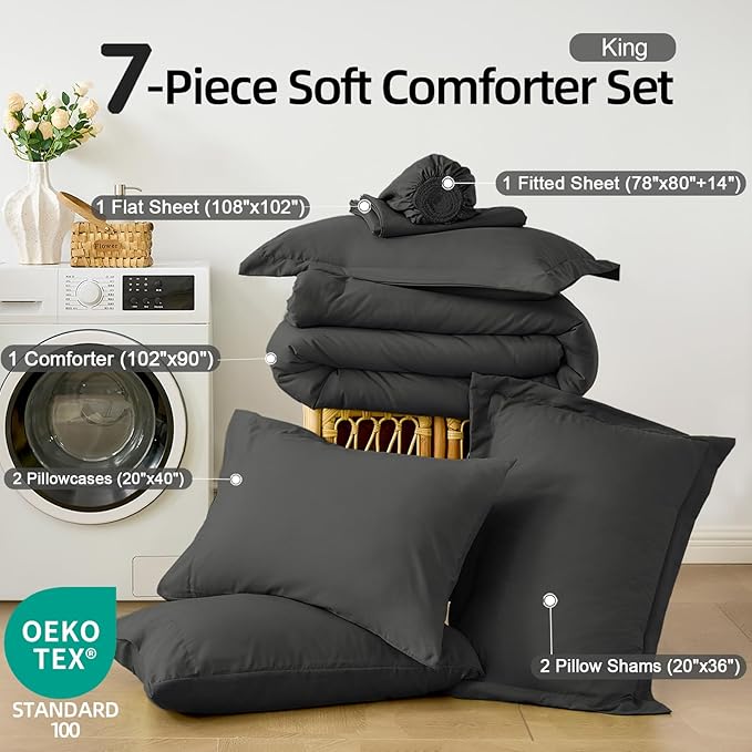 FUANNA King Size Comforter Sets Dark Grey, 7 Pieces Soft Bedding Set, All Season Lightweight Bed in a Bag with Comforter, Flat Sheet, Fitted Sheet, Pillowcases & Shams