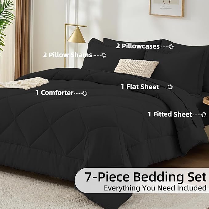 FUANNA 7 Pieces Queen Comforter Set, All Season Bed in a Bag Queen Size, Luxury Soft Bedding Sets with Comforter, Flat Sheet, Fitted Sheet, Pillowcases & Pillow Shams, Black