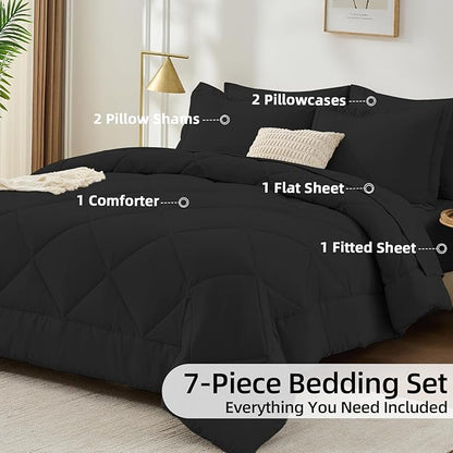 FUANNA 7 Pieces Full Size Comforter Sets, All Season Bedding Sets Full Size, Luxury Soft Bed in a Bag with Comforter, Flat Sheet, Fitted Sheet, Pillowcases & Pillow Shams, Black
