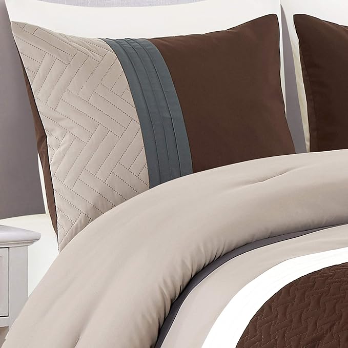 WPM 2 Piece Modern Design Twin Comforter Set. Multicolor Grey/Coffee Brown/Beige Taupe Color All Season Down Alternative Bedding Decor- Leni (Twin)