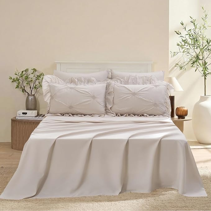 Bedbay Beige Ruffle Comforter Set King Size Ruched Bedding 9 Pcs King Bed in a Bag Pintuck Pinch Pleat Bedding Set Elegant Ruffle Farmhouse Boho Comforter Bed Set for All Seasons