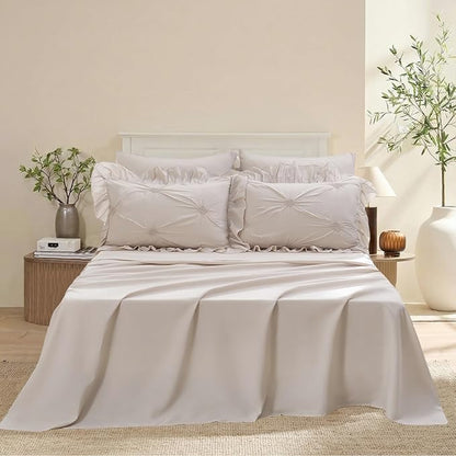 Bedbay Beige Ruffle Comforter Set King Size Ruched Bedding 9 Pcs King Bed in a Bag Pintuck Pinch Pleat Bedding Set Elegant Ruffle Farmhouse Boho Comforter Bed Set for All Seasons