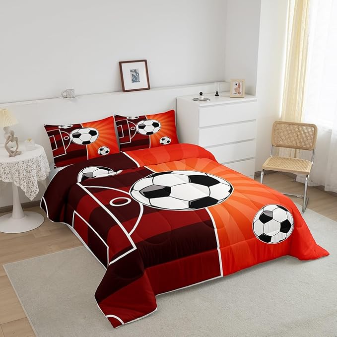 Feelyou Football Comforter Set Toddler Size Sports Themed Comforter Gift for Football Lover Bedding Set Soccer Ball Game Duvet Set Brown Orange Quilt Set