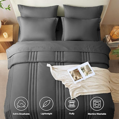 CozyLux Full Size Comforter Sets - 7 Piece Bed in a Bag Dark Grey Comforter Set with Sheets Bed Set All Seasons, Soft Bedding Set with Down Alternative Comforter, Sheets, Pillowcases & Shams